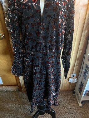 Sam Edelman Black Long-Sleeve Floral Foil Dress with Red Accents